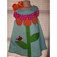 Patchwork Back to School Big Flower and Bird  Dress and Bow Size 4t/5t
