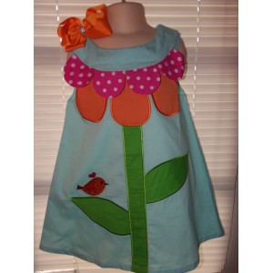 Patchwork Back to School Big Flower and Bird Dress and Bow Size 4t/5t