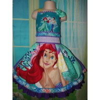 Patchwork Vintage Ariel  Flounder Fish Mermaid  Princess Ruffles Dress and Bow Size 5t/6 