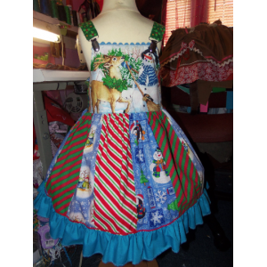 Patchwork Vintage fabric Christmas Deer and Snow Man Ruffles Dress