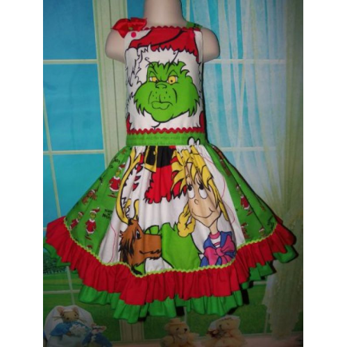 Patchwork Vintage fabric Grinch Christmas Dress Size 6-8 Ready to ship