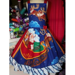 Santa Clause toy deers presents Christmas Village Vintage Fabric Girl Costume Dress Size 7-8 kids