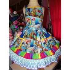 Vintage rainbow fabric Ariel Sebastian Flounder Mermaid Princess Ruffles Dress 