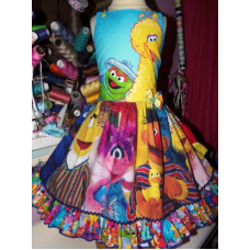 vintage fabric sesame street Ruffle Dress and bow Size 2t Ready to ship